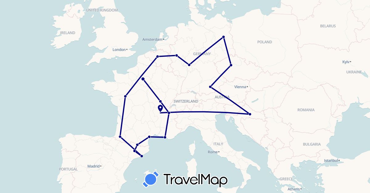 TravelMap itinerary: driving in Andorra, Belgium, Czech Republic, Germany, Spain, France, Croatia (Europe)