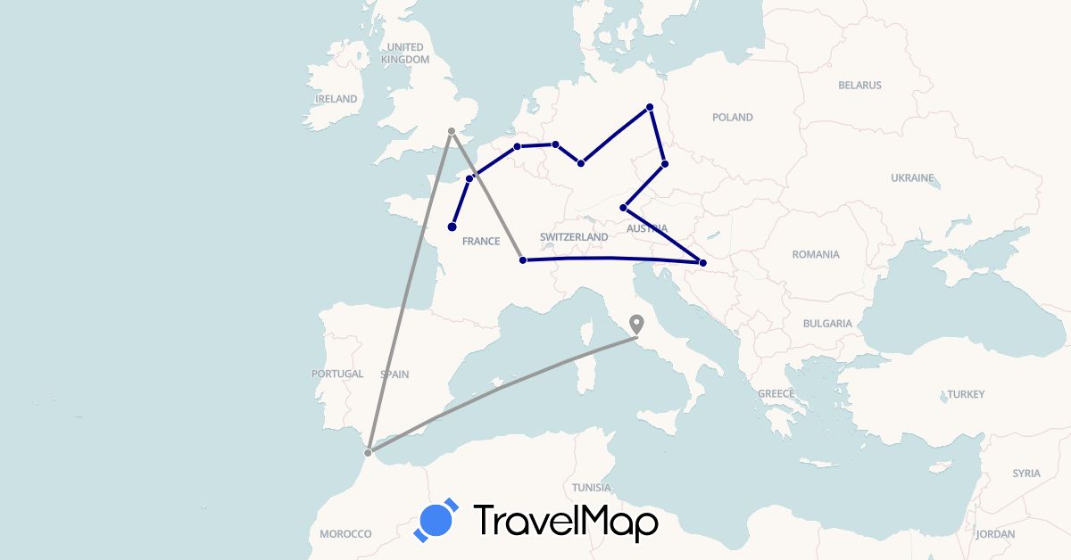 TravelMap itinerary: driving, plane in Belgium, Czech Republic, Germany, France, United Kingdom, Croatia, Italy, Morocco (Africa, Europe)